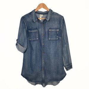 Lara Denim Distressed Frayed Hem Button Up Womens SZ M Grunge Gorpcore Blokecore